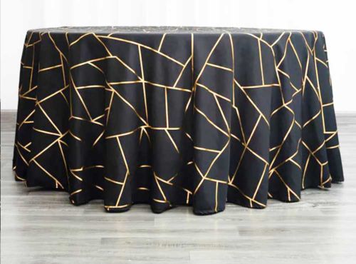 Black Round Polyester Tablecloth With Gold Foil Geometric Pattern