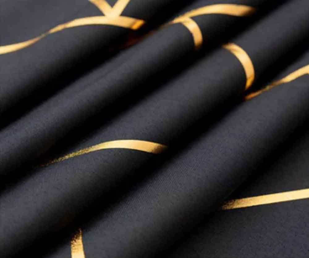 Black Round Polyester Tablecloth With Gold Foil Geometric Pattern