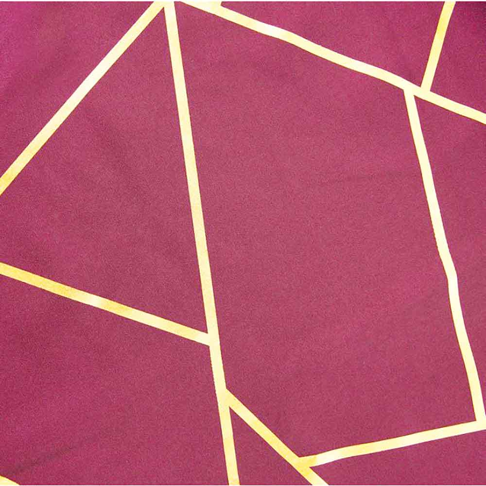 120" Burgundy Round Polyester Tablecloth With Gold Foil Geometric Pattern