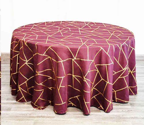 120" Burgundy Round Polyester Tablecloth With Gold Foil Geometric Pattern
